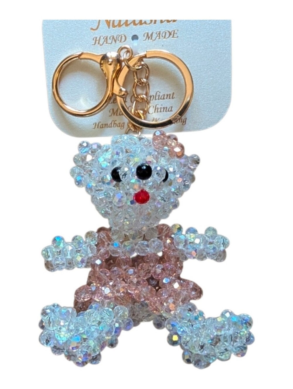 💕▪️Natasha Couture ▪️Crystal Beaded Teddy Bear Keychain - Iridescent & Pink